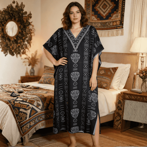 Oussum Kaftan Dresses for Women Plus Size Tribal Black Maxi Dress, Polyester V-Neck Kimono 3/4 Sleeve Beach Cover Up, One Size 1X–3X