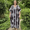 thumbnail image 1 of Oussum Kaftan Dresses for Women Striped Black Maxi Dress, Polyester V-Neck Kimono 3/4 Sleeve Cruise Wear, One Size 1X–3X, 1 of 5