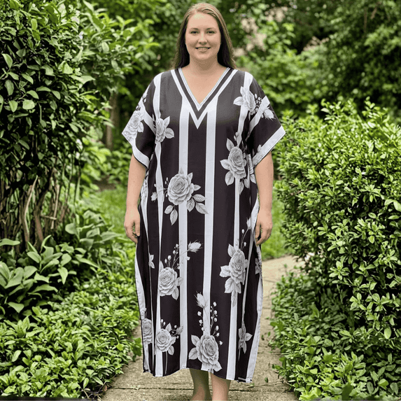 Oussum Kaftan Dresses for Women Striped Black Maxi Dress, Polyester V-Neck Kimono 3/4 Sleeve Cruise Wear, One Size 1X–3X