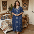 thumbnail image 1 of Oussum Kaftan Dresses for Women Tribal Navy Blue Maxi Dress, Polyester V-Neck Kimono 3/4 Sleeve Poolside Wear, One Size 1X–3X, 1 of 5
