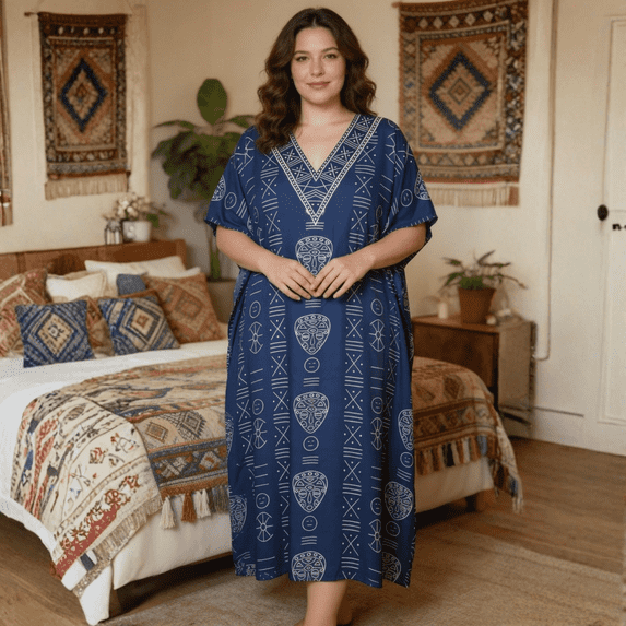 Oussum Kaftan Dresses for Women Tribal Navy Blue Maxi Dress, Polyester V-Neck Kimono 3/4 Sleeve Poolside Wear, One Size 1X–3X