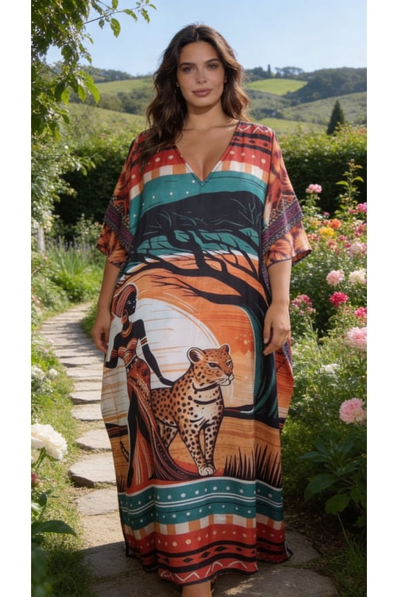 Kaftan Plus Size for Women Rust African Print Satin Dress Long Kimono Sleeve Summer Dress Fits 1X to 3X
