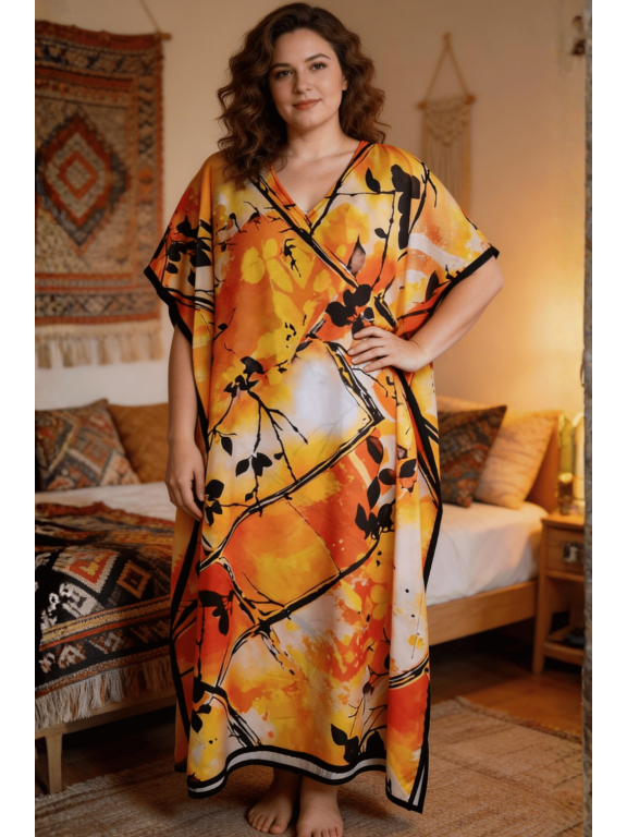 Kaftan for Women Leaf Orange Maxi Dress, Polyester V-Neck Kimono 3/4 Sleeve Boho Style, One Size 1X–3X