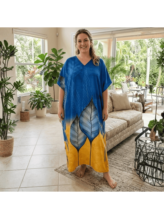 Kaftan for Women Leaf Pattern Blue Maxi Dress, Polyester V-Neck Kimono 3/4 Sleeve Cruise Wear, One Size 1X–3X