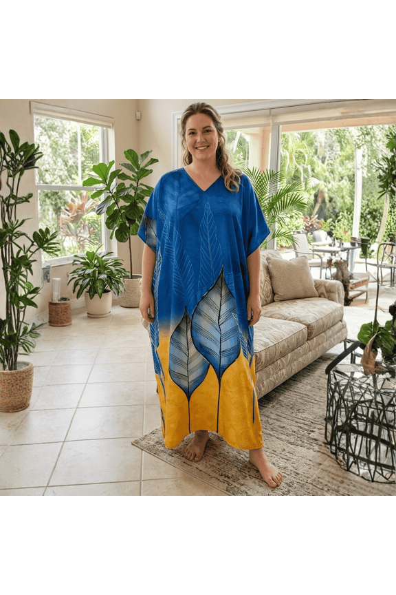 Kaftan for Women Leaf Pattern Blue Maxi Dress, Polyester V-Neck Kimono 3/4 Sleeve Cruise Wear, One Size 1X–3X