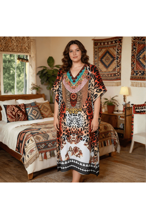 Kaftan for Women Leopard Off White Maxi Dress, Polyester V-Neck Kimono 3/4 Sleeve Holiday Outfit, One Size 1X–3X