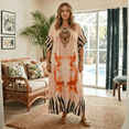 thumbnail image 1 of Oussum Kaftan for Women Plus Size Ornamental Print Peach Maxi Dress, Polyester V-Neck Kimono 3/4 Sleeve Relaxed Fit Dress, One Size 1X–3X, 1 of 5