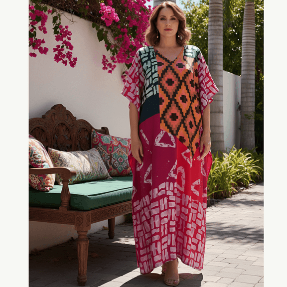 Oussum Kaftan for Women Plus Size Satin V Neck Dress Beach Cover Up Fits Up To 1X-3X