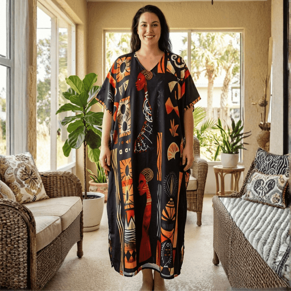 Oussum Kaftan for Women Plus Size Tribal Black Maxi Dress, Polyester V-Neck Kimono 3/4 Sleeve Poolside Wear, One Size 1X–3X