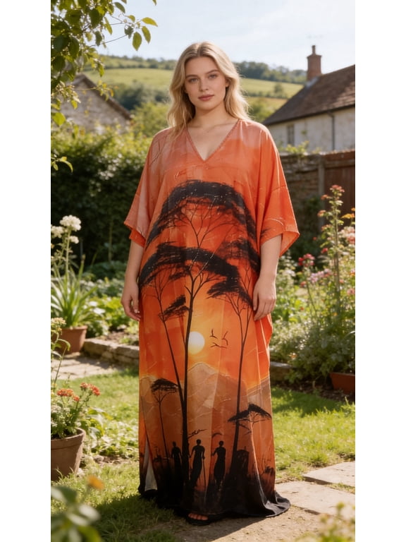 Kaftan for Women Plus Size Wildlife Pattern Orange Maxi Dress, Polyester V-Neck Kimono 3/4 Sleeve Summer Dress, One Size 1X–3X