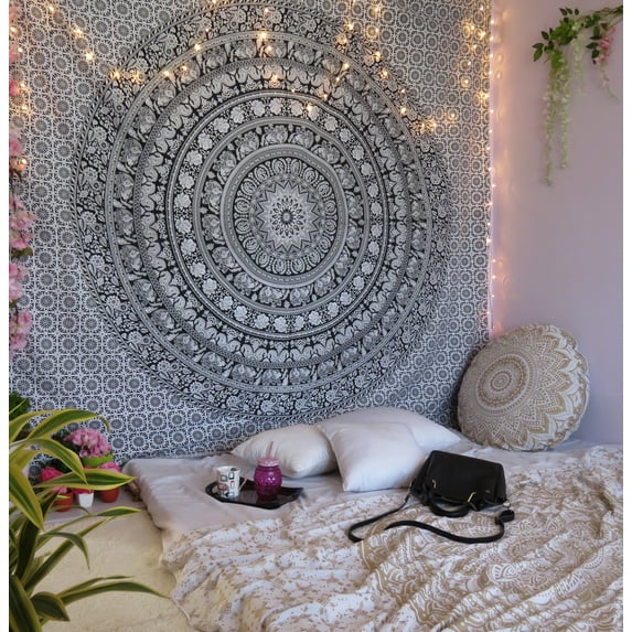 Oussum Mandala Tapestries , Black and White