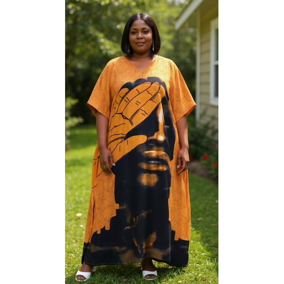 Oussum Mustard Tribal Plus Size Polyester Long Kaftan Dresses for Women