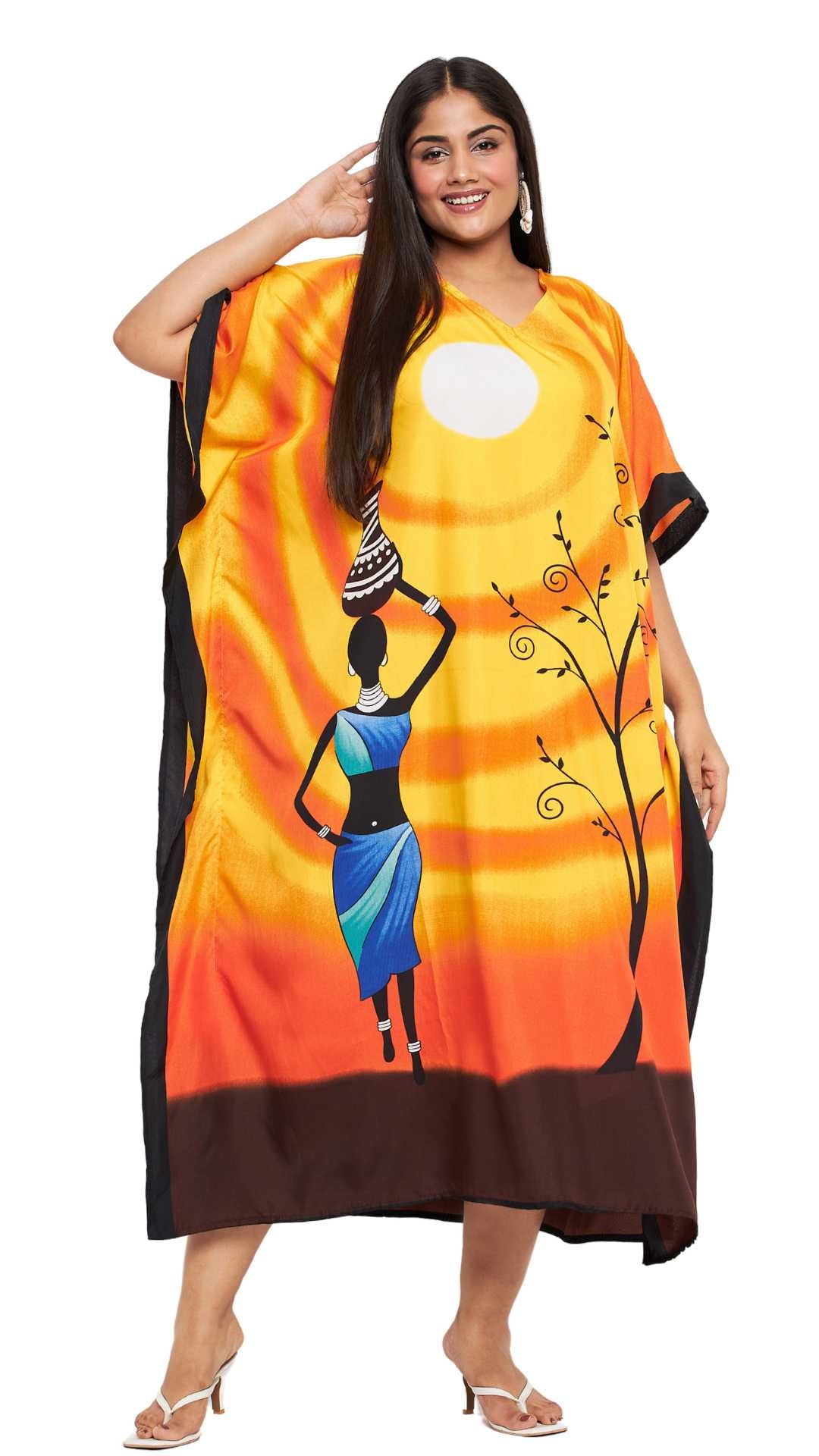 Kaftan For Plus Size Women Tribal Printed Orange Polyester