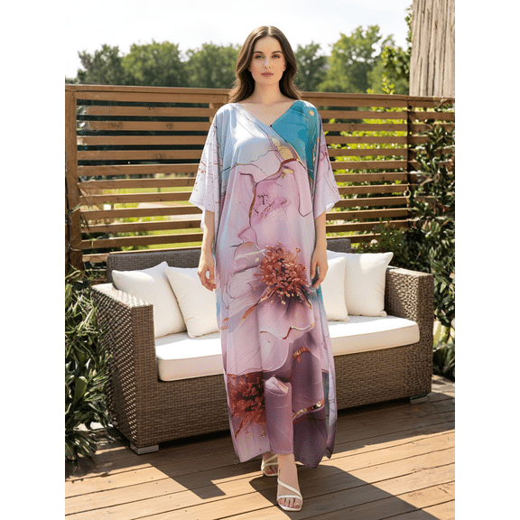 Oussum Plus Size Satin Kaftan Dress Vacation Boho​ Maxi Loose Fit Loungewear Caftan Fit Up to 1X to 3X