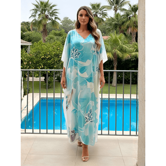 Oussum Plus Size Satin Kaftan Dress Vacation Boho​ Maxi Loose Fit Loungewear Caftan Fit Up to 1X to 3X
