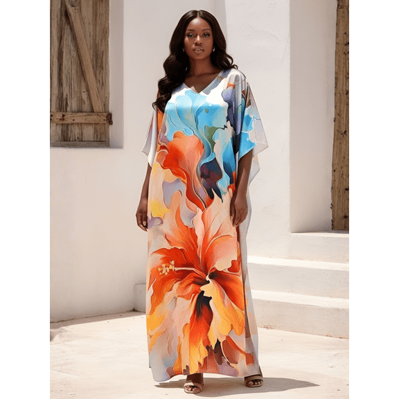 Oussum Plus Size Satin Kaftan Dress Vacation Boho​ Maxi Loose Fit Loungewear Caftan Fit Up to 1X to 3X