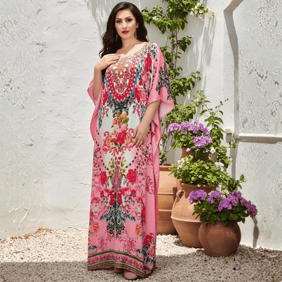 Oussum Plus Size Satin Kaftan Dress Vacation Boho Maxi Loose Fit Loungewear Caftan Fit Up to 1X to 3X
