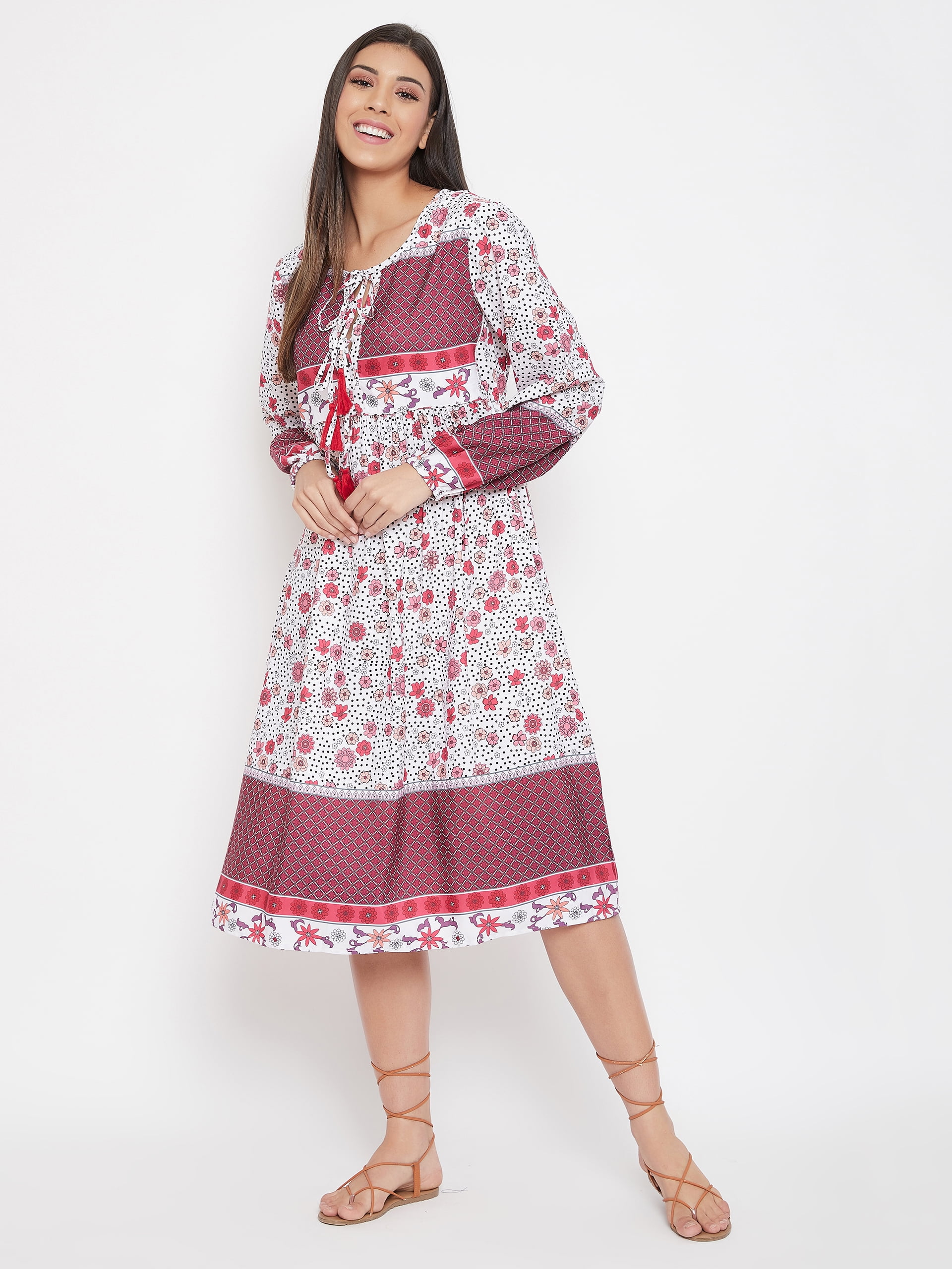 casual midi dresses online Women Red Floral Print Drawstring Poly Cotton Midi Casual Dress