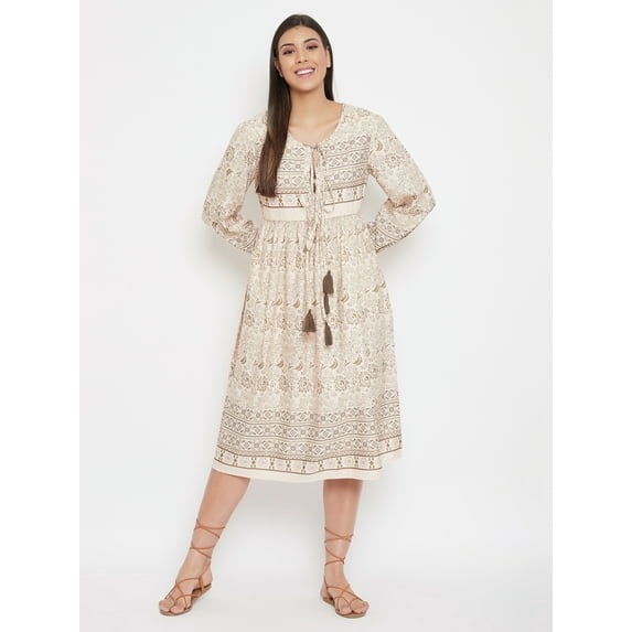 Oussum Women Floral Summer Midi Dresses Plus Size Casual Dress Online, Beige Size 2X