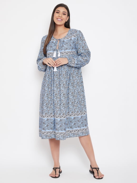 Women Floral Summer Midi Dresses Plus Size Casual Dress Online, Blue Size 1X