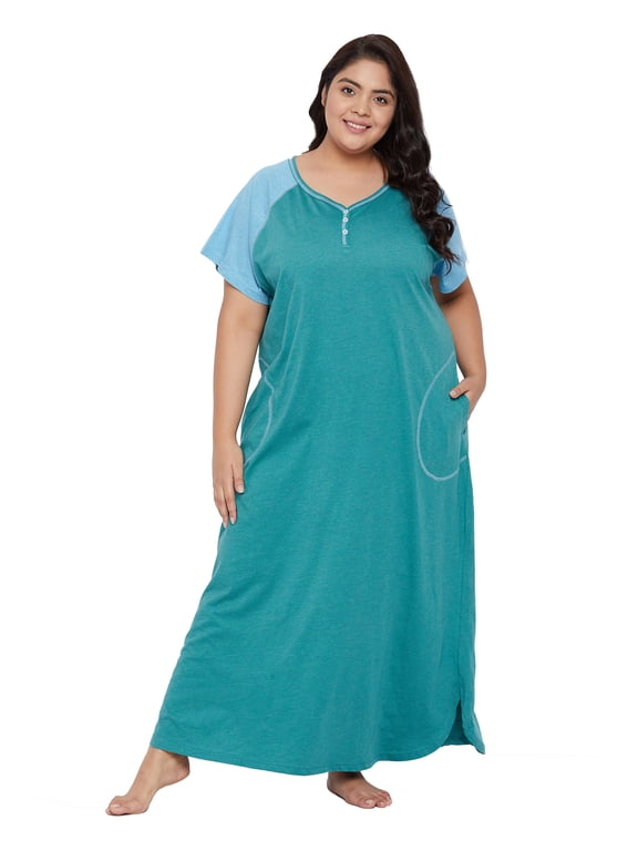 Women Nightdress Loungewear Dress Short Sleeve Long Sleepwear with Pockets