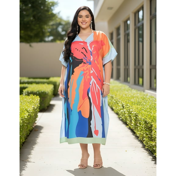 Oussum Women Plus Size Kaftan Dress V Neck Kimono Style Loungwear Beach Long Caftan Maxi Dress