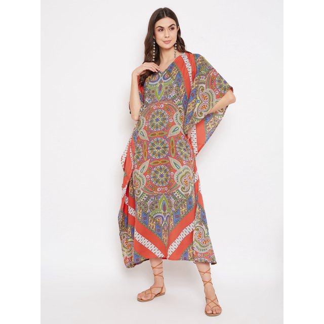 Women's Plus Size Long Kaftan Maxi Dress - V-Neck, Kimono Sleeves, Floral Bohemian Style