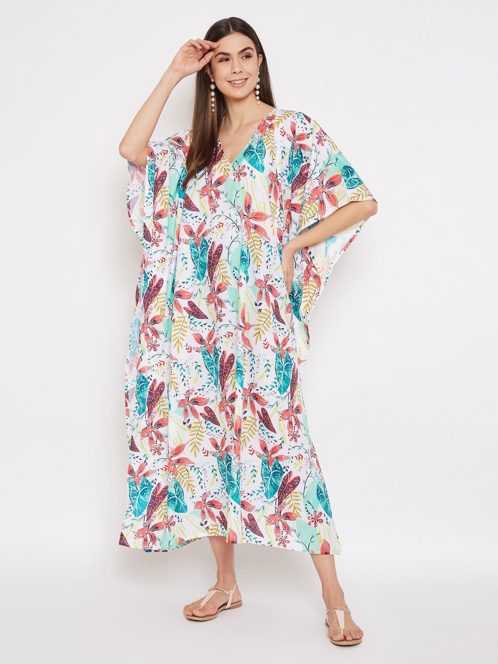 Plus Size Women's Long Kaftan Dress - V-Neck, Kimono Sleeves, Floral Boho Maxi