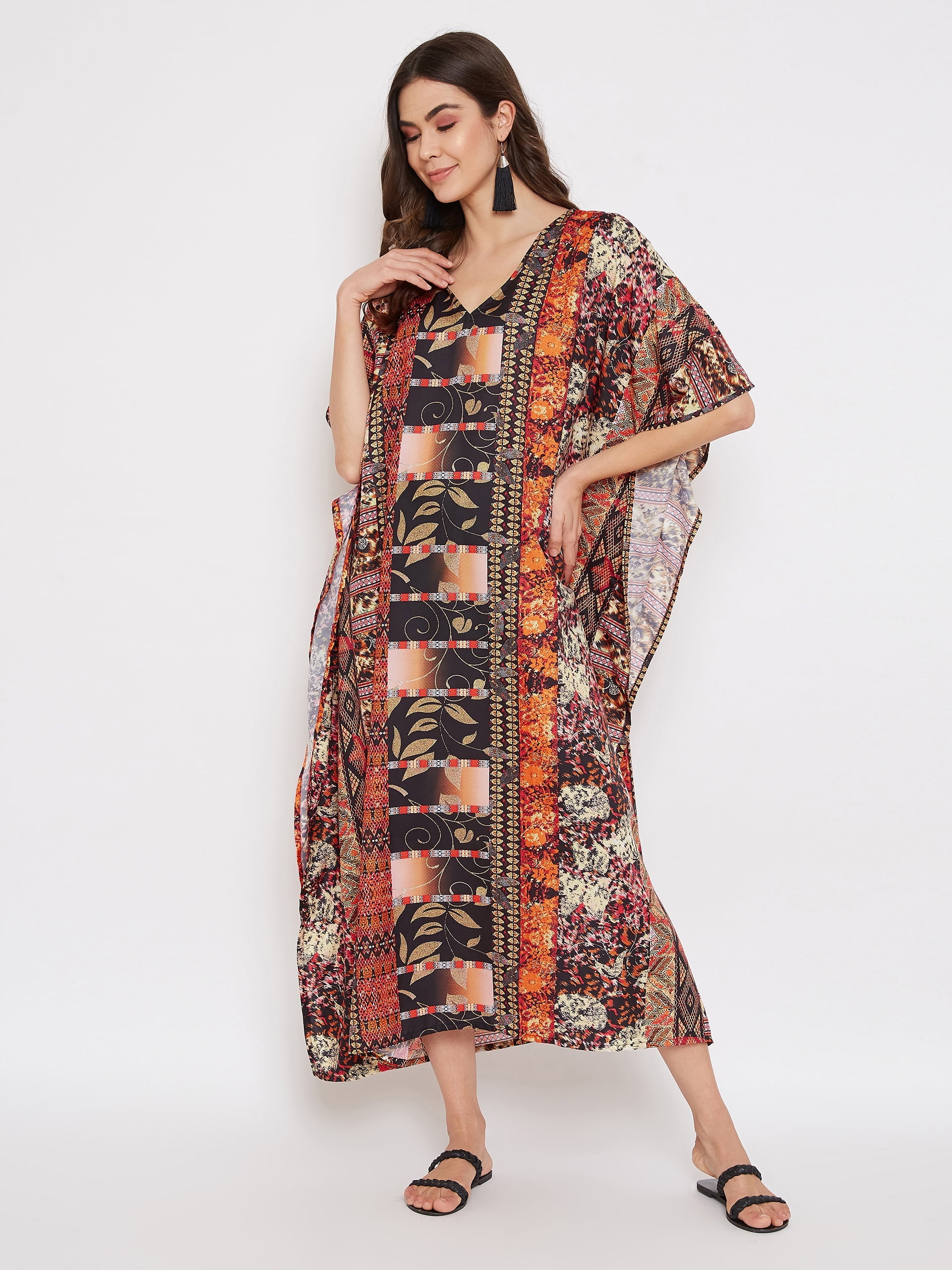 Polyester Floral Print Kimono Sleeve Kaftan For Plus Size Women