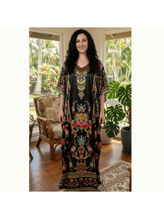 Women Satin Kaftan Dress Elegant Long Maxi Dress for Party Wear Black