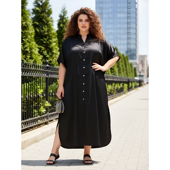 Oussum Women Satin Plus Size Kaftan Dress with Adjustable Drawstring and Pockets