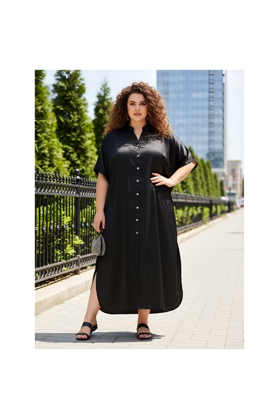 Women Satin Plus Size Kaftan Dress with Adjustable Drawstring and Pockets