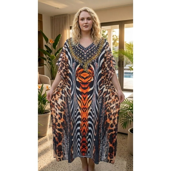 Oussum Women's Plus Size Animal Print Maxi Kaftan Dress, Loose V-Neck Beach Cover Up Resort Lounge Caftan, Multicolor