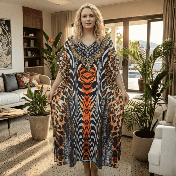Oussum Women's Plus Size Animal Print Maxi Kaftan Dress, Loose V-Neck Beach Cover Up Resort Lounge Caftan, Multicolor