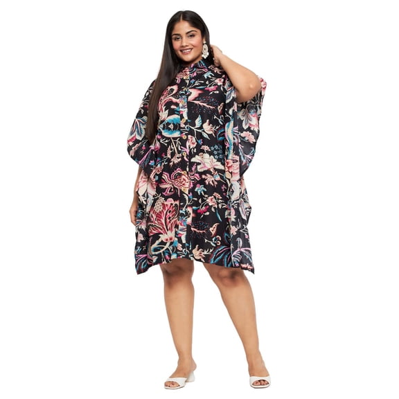 Oussum Women’s Plus-Size Cotton Short Kaftan Dress Relaxed Fit Collered Neck Fits 1X to 3X