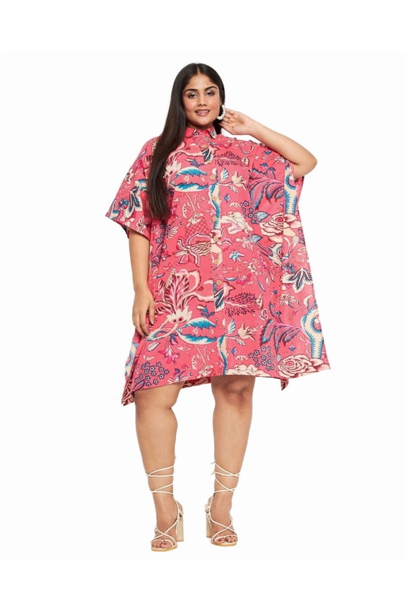 Women’s Plus-Size Cotton Short Kaftan Dress Relaxed Fit Collered Neck Fits 1X to 3X