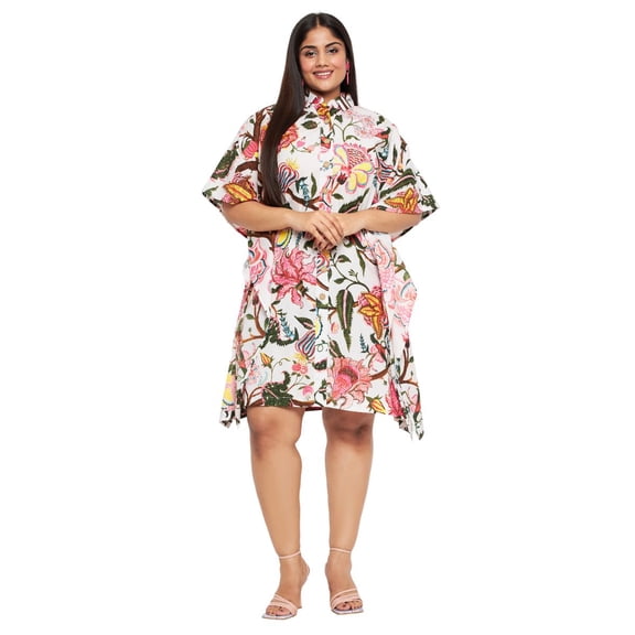 Oussum Women’s Plus-Size Cotton Short Kaftan Dress Relaxed Fit Collered Neck Fits 1X to 3X