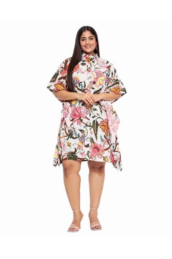 Women’s Plus-Size Cotton Short Kaftan Dress Relaxed Fit Collered Neck Fits 1X to 3X