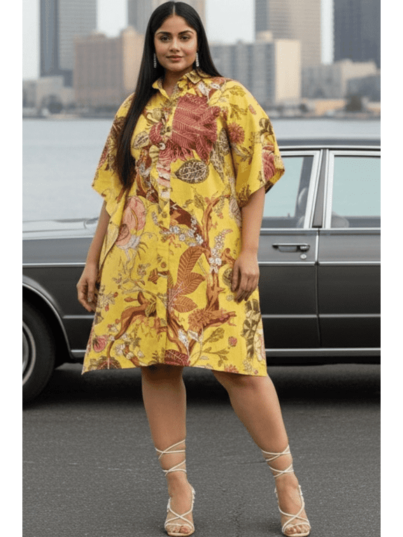Women’s Plus-Size Cotton Short Kaftan Dress Relaxed Fit Collered Neck Fits 1X to 3X