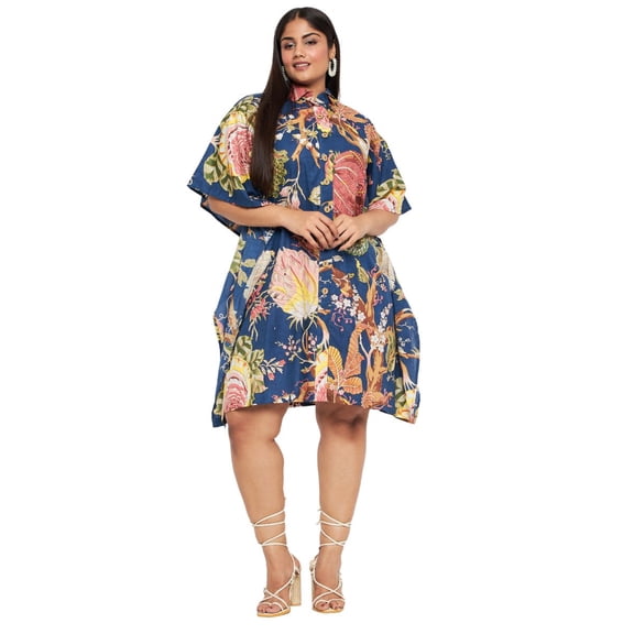 Oussum Women’s Plus-Size Cotton Short Kaftan Dress Relaxed Fit Collered Neck Fits 1X to 3X