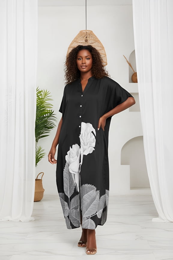Women's Plus Size Kaftans Dress Printed Long Maxi Button Caftan Dresses