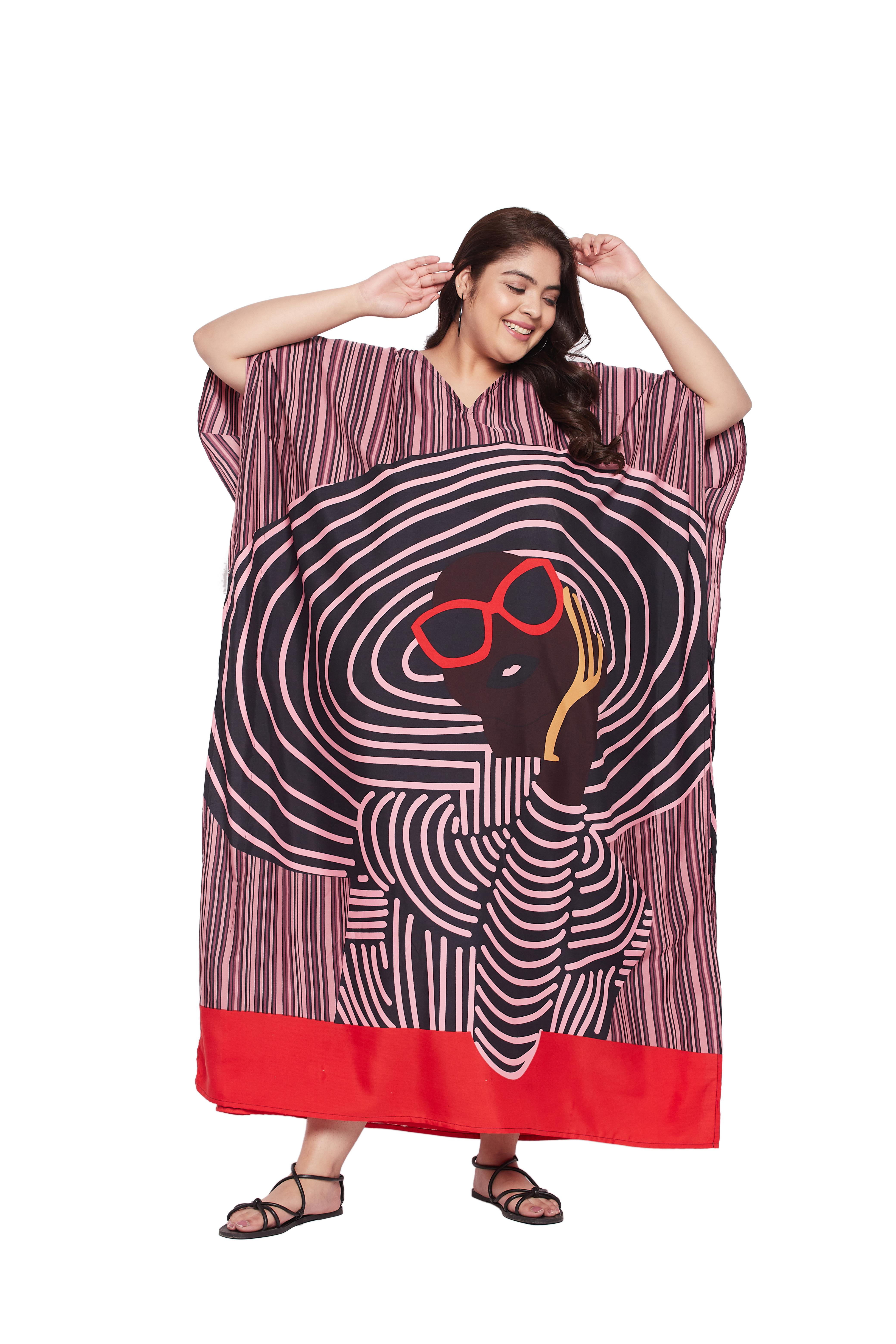 Red Polyester Plus Size Long Caftan Dress For Women
