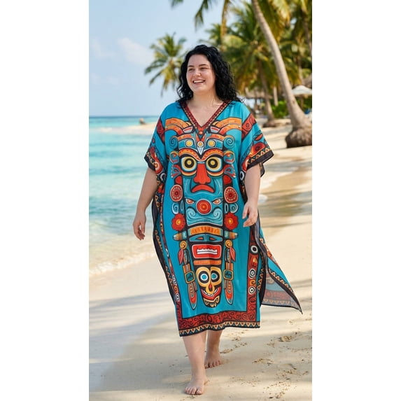 Oussum Women's Plus Size Tribal Tiki Mask Print Maxi Kaftan Dress, Loose V-Neck Beach Cover Up Resort Lounge Caftan, Blue