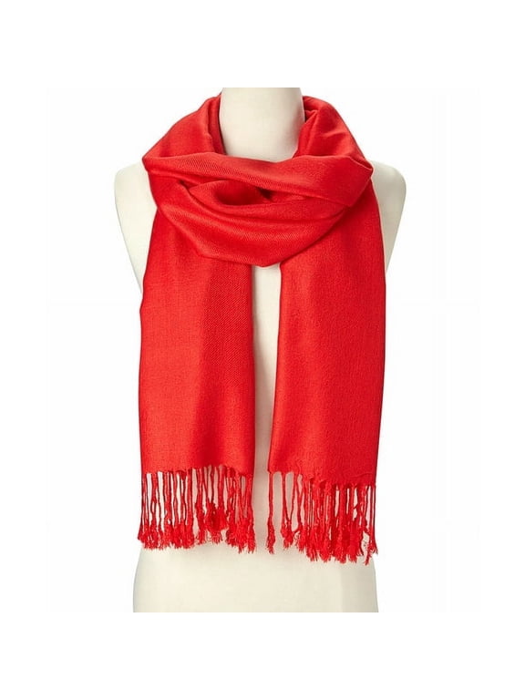 Bright Red Solid Scarfs for Women Fashion Warm Neck Womens Winter Scarves Pashmina Silk Scarf Wrap with Fringes for Ladies by Oussum