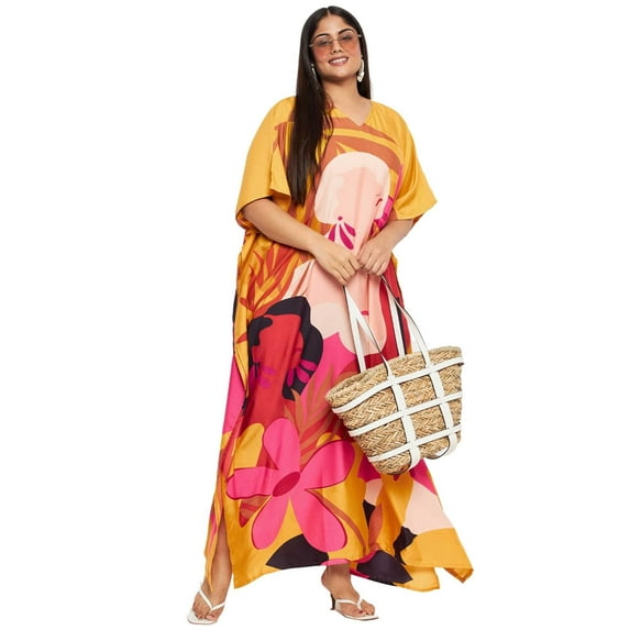 Oussum Yellow Floral Plus Size Polyester Long Kaftan Dresses for Women