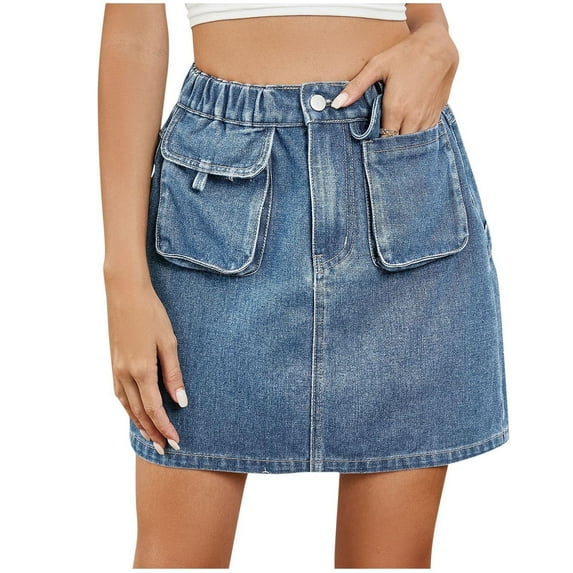 Ousvtion Clearance Deals Denim Skirt Women Casual Mini Jean Skirts Elastic Waisted Dress with Button slim fit Zip Closure Dresses Pocketed Bottom for Ladies,Blue,Small