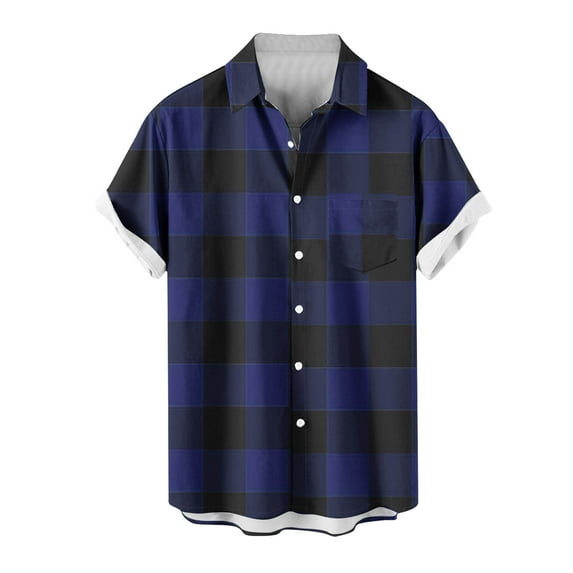 Ousvtion Clearance Deals Men's Plaid Button Down Shirt Short Sleeve Tops Casual Lapel Shirts with Front Pocket Loose Fit Cardigan Plus Size,Dark Blue,X-Large