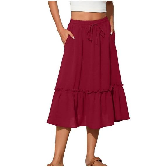Ousvtion Clearance Deals Pleated Skirts for Women Elastic High Waist Renaissance Skirt Mid Long Patchwork Dress Drawstring Dresses with Pockets,Wine,XX-Large
