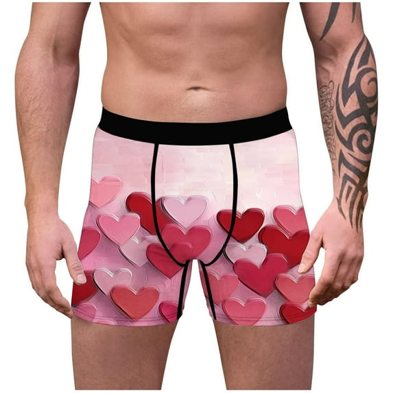 Ousvtion Clearance Deals Valentine's Day Mens Trunks Love Heart Print Boxer Briefs Valentines Rose Boxers Underwear Comfort Soft Brief Gift for Men,B04-Pink,Medium