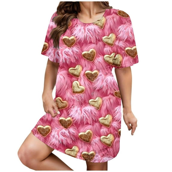 Ousvtion Clearance Deals Valentines Day Women's Nightgown Love Heart and Flowers Short Sleeve Sleepwear Comfy Sleepshirts Crew Neck Nightshirt Plus Size Valentine's Gift for Her,B07-Pink,3X-Large